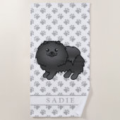 Black Pomeranian Cute Cartoon Dog & Name Strandlaken (Voorkant)