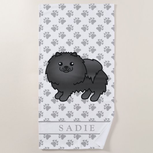 Black Pomeranian Cute Cartoon Dog & Name Strandlaken (Voorkant)