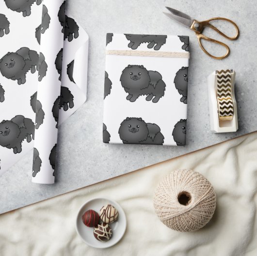 Black Pomeranian Cute Cartoon Dog Pattern Cadeaupapier (Crafts)