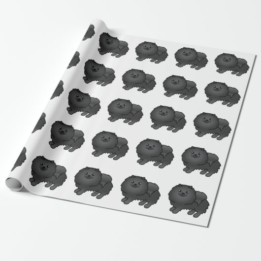 Black Pomeranian Cute Cartoon Dog Pattern Cadeaupapier (Uitgerold)