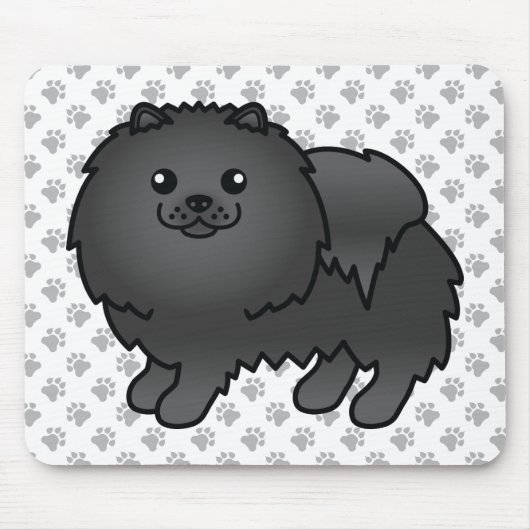 Black Pomeranian Cute Cartoon Dog & Paws Muismat (Voorkant)
