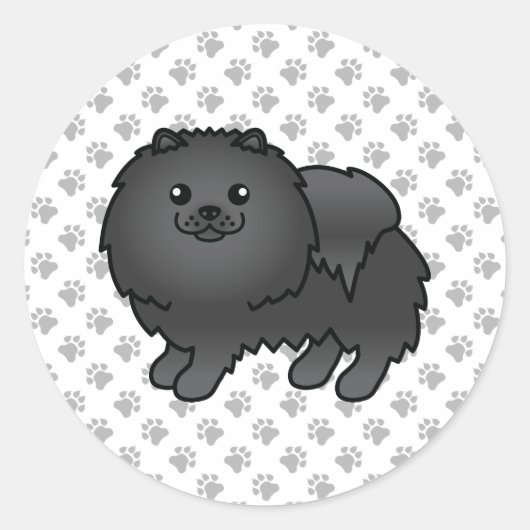 Black Pomeranian Cute Cartoon Dog & Paws Ronde Sticker (Voorkant)