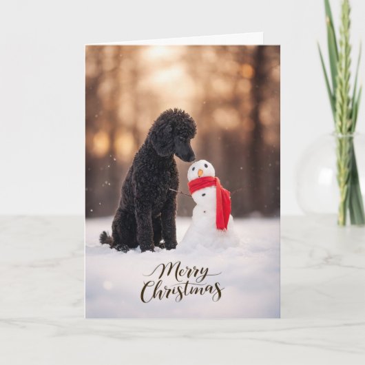 Black Poodle Christmas Snowman Feestdagen Kaart (Voorkant)