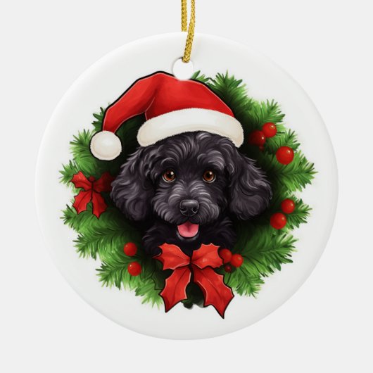 Black Poodle Christmas Wreath Keramisch Ornament (Voorkant)