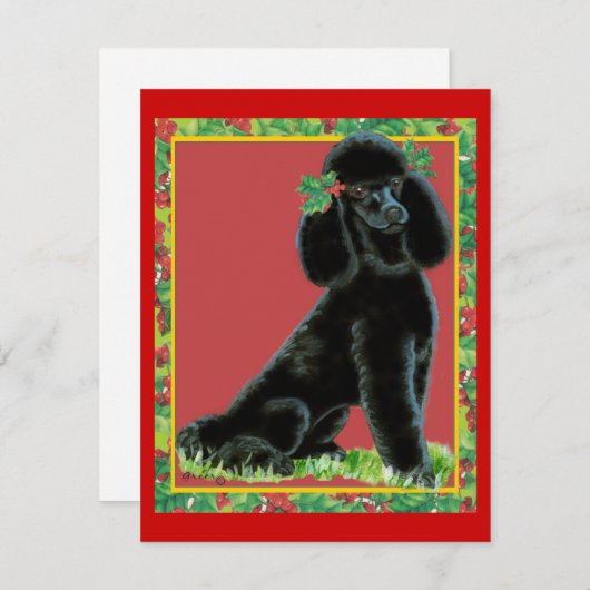 Black Poodle in Holly Holiday-kerstkaarten Feestdagenkaart (Voorkant / Achterkant)