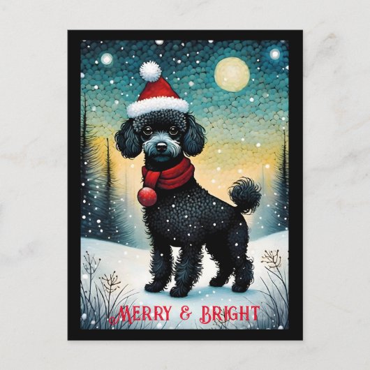 Black Poodle Snowy Meadow Santa Puppy Vakantie Briefkaart (Voorkant)