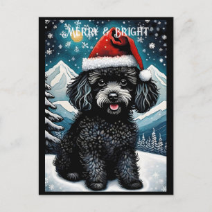 Black Poodle Snowy Mountain Santa Puppy Vakantie Briefkaart