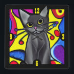 Black Pop Art Cat Vierkante Klok<br><div class="desc">Fun en kleurrijke muurklok,  met cartoon-achtige beelden van een pop-achtige zwarte kat. Geweldig cadeauidee voor elke kattenliefhebber.</div>