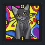 Black Pop Art Cat Vierkante Klok<br><div class="desc">Fun en kleurrijke muurklok, met cartoon-achtige beelden van een pop-achtige zwarte kat. Geweldig cadeauidee voor elke kattenliefhebber.</div>