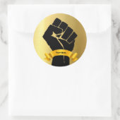 Black Power Fist & Gold Design Add-Your-Text Ronde Sticker (Tas)
