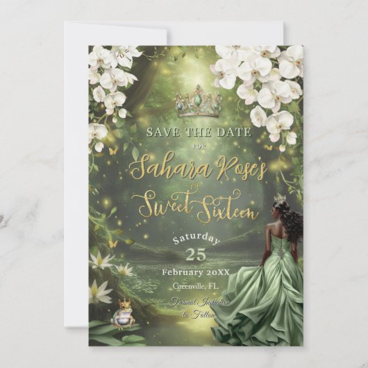 Black Princess and Frog Sage Green Dress Sweet 16 Save The Date (Voorkant)