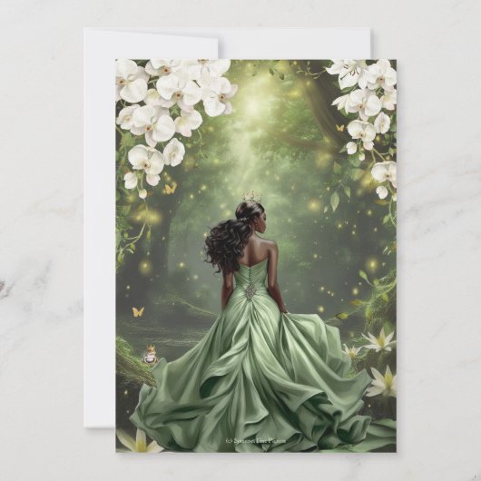 Black Princess and Frog Sage Green Dress Sweet 16 Save The Date (Achterkant)