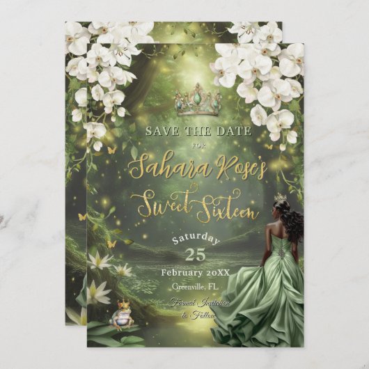 Black Princess and Frog Sage Green Dress Sweet 16 Save The Date (Voorkant / Achterkant)