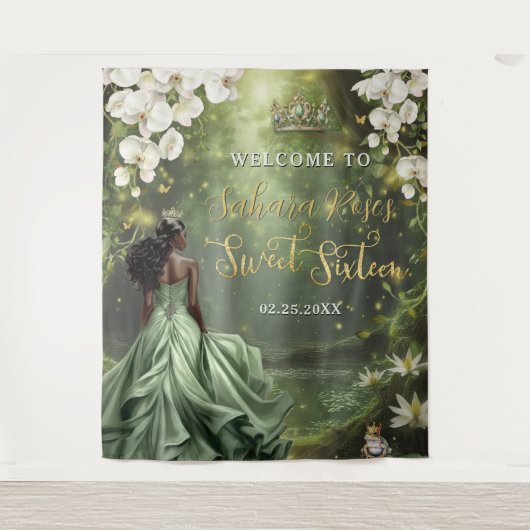 Black Princess and Frog Sage Green Dress Sweet 16  Wandkleed (Voorkant)