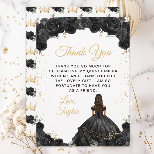 Black Princess Floral Quinceañera Bedankkaart