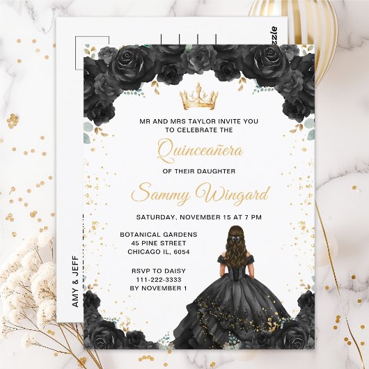 Black Princess Floral Quinceañera Briefkaart