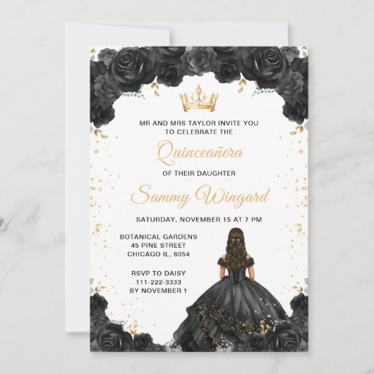 Black Princess Floral Quinceañera Kaart (Voorkant)