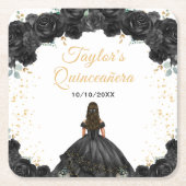 Black Princess Floral Quinceañera Kartonnen Onderzetters (Voorkant)