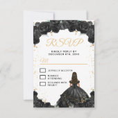 Black Princess Floral Quinceañera RSVP Kaartje (Voorkant)