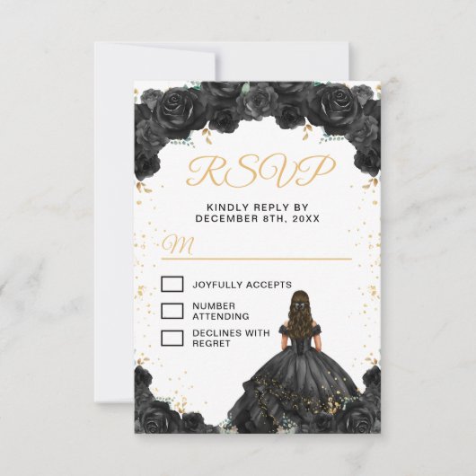 Black Princess Floral Quinceañera RSVP Kaartje (Voorkant)
