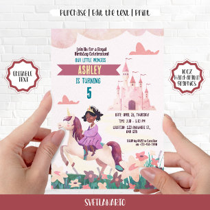 Black Princess Riding Unicorn Party Uitnodiging