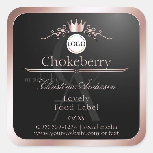 Black Product Label Rose Gold Frame Logo Monogram (Voorkant)