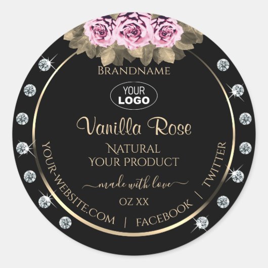 Black Product Packaging Labels Rozen Diamonds Logo (Voorkant)