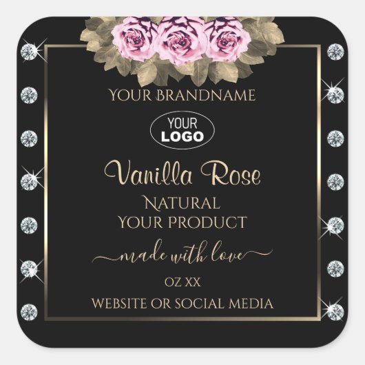 Black Product Packaging Labels Rozen Diamonds Logo (Voorkant)