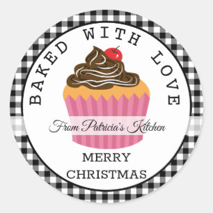Black Pset Bked with Love Kerstcupcakes Ronde Sticker