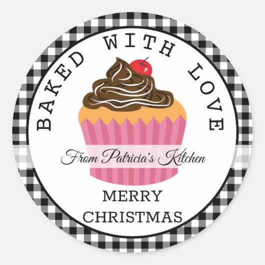Black Pset Bked with Love Kerstcupcakes Ronde Sticker (Voorkant)