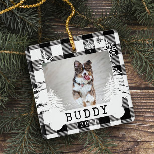 Black Pset Rustic Pine Trees Dog Bone Pet Photo Keramisch Ornament
