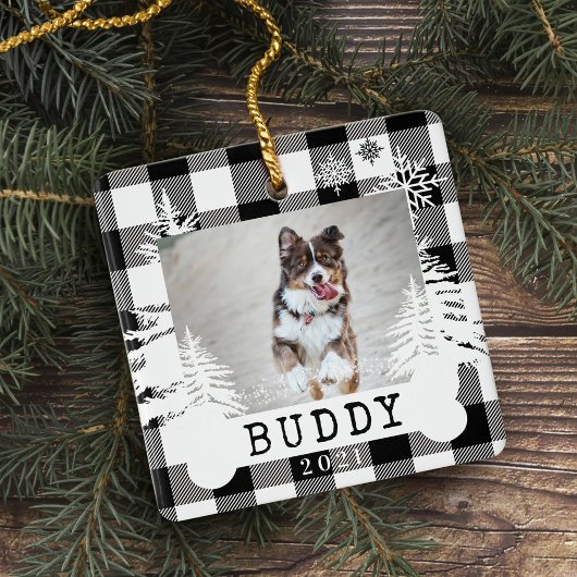 Black Pset Rustic Pine Trees Dog Bone Pet Photo Keramisch Ornament