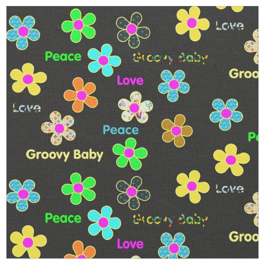Black Psychedelic 60s Groovy Flowers Print Stof (Close Up)