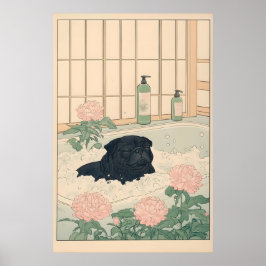 Black Pug Bathroom Print Kawaii Japandi Ukiyo-e