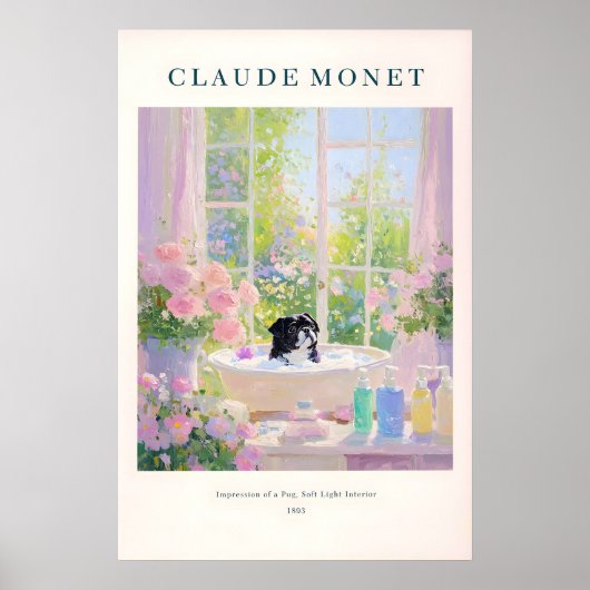 Black Pug Bathroom Print Monet Style French (Voorkant)