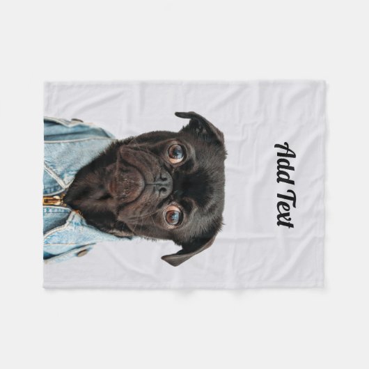 Black Pug Dog Add Text Fleece Deken (Voorkant (Horizontaal))