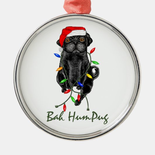 Black Pug Dog Bah Humpug Funny Kerstmis Metalen Ornament (Voorkant)