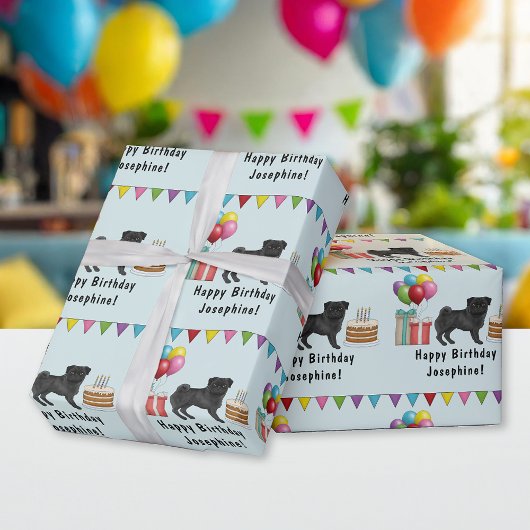 Black Pug Dog Cartoon Mops Kleurrijke Happy Birthd Cadeaupapier
