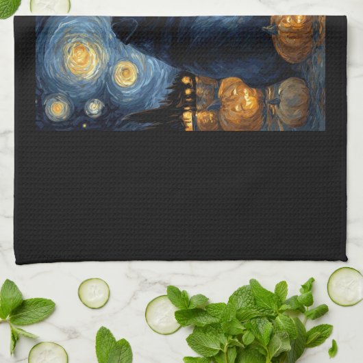 Black Pug dog of van gogh starry night halloween F Theedoek (Gevouwen)