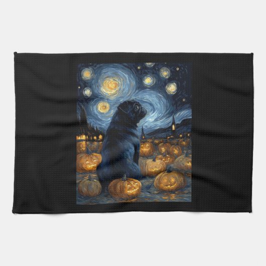 Black Pug dog of van gogh starry night halloween F Theedoek (Horizontaal)