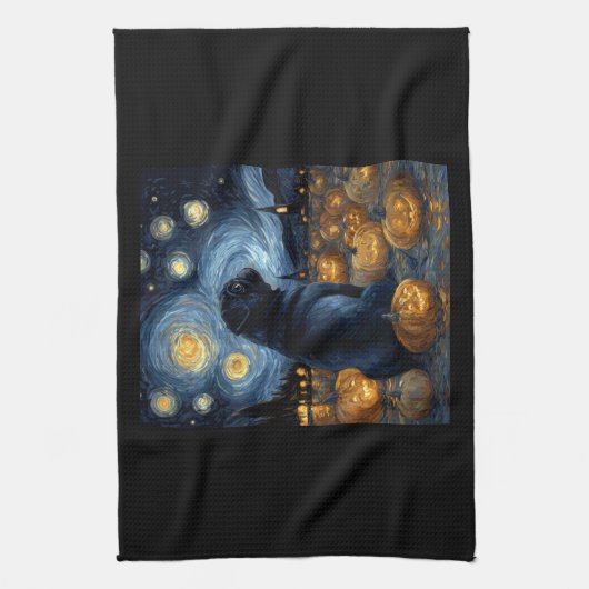 Black Pug dog of van gogh starry night halloween F Theedoek (Verticaal)