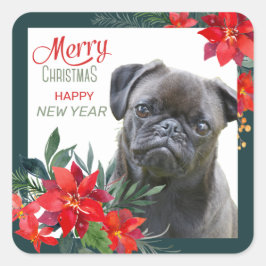 Black Pug Dog Poinsettia Bouquet Kerstmis Vierkante Sticker