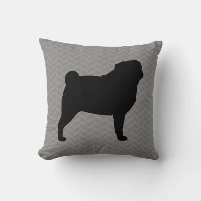 Black Pug Dog Silhouette over Gray Herringbone Kussen (Voorkant)