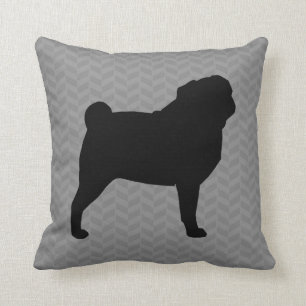 Black Pug Dog Silhouette over Gray Herringbone Kussen