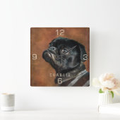 Black Pug Dog Vierkante Klok (Huis)
