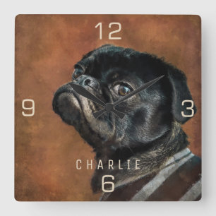 Black Pug Dog Vierkante Klok
