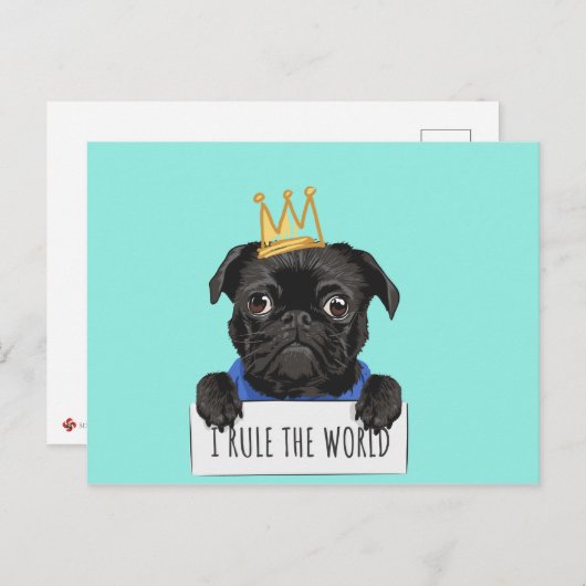 Black Pug Dog W / Crown Rule the World Briefkaart (Voorkant / Achterkant)