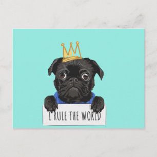Black Pug Dog W / Crown Rule the World Briefkaart
