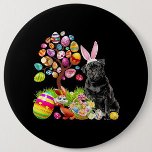 BLACK Pug Easter Egg Tree Dogs Bunny Easters Day Ronde Button 6,0 Cm