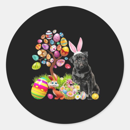 BLACK Pug Easter Egg Tree Dogs Bunny Easters Day Ronde Sticker (Voorkant)